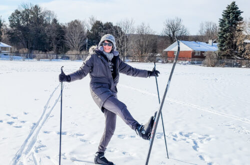 Gillian cross-country skiing in the countryside